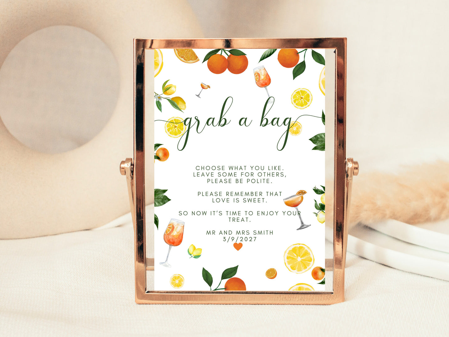 Grab a Bag Sign/ Spring Summer Lemons Oranges Mediterranean/ Italian Style Wedding Guest Favours/ Enjoy a Treat Poster/ Sweets Mints