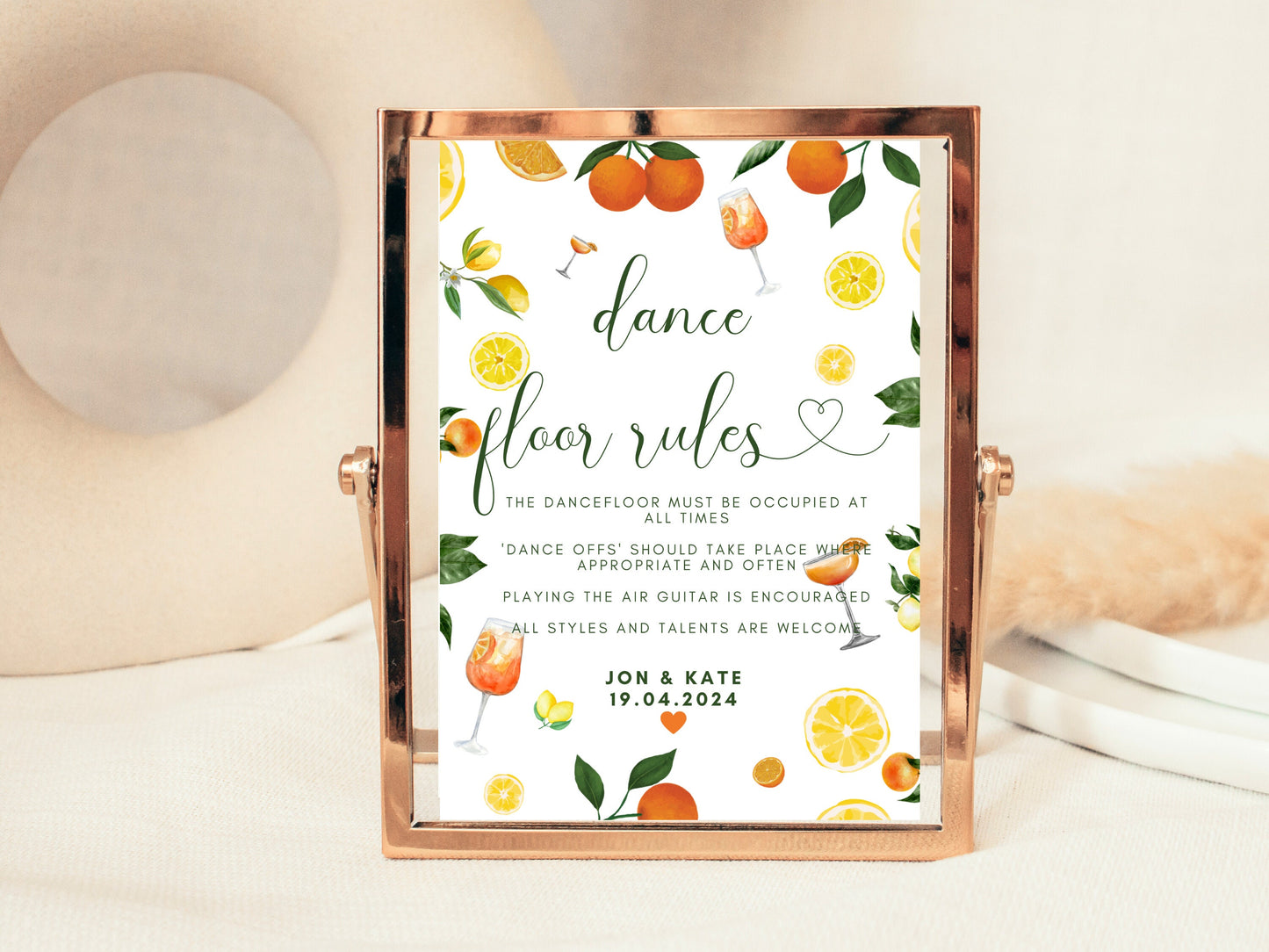 Dancefloor Rules Sign/ Spring Summer Lemons Oranges Mediterranean/ Italian Style Wedding Guest The Dancefloor Must Be Occupied At All Times