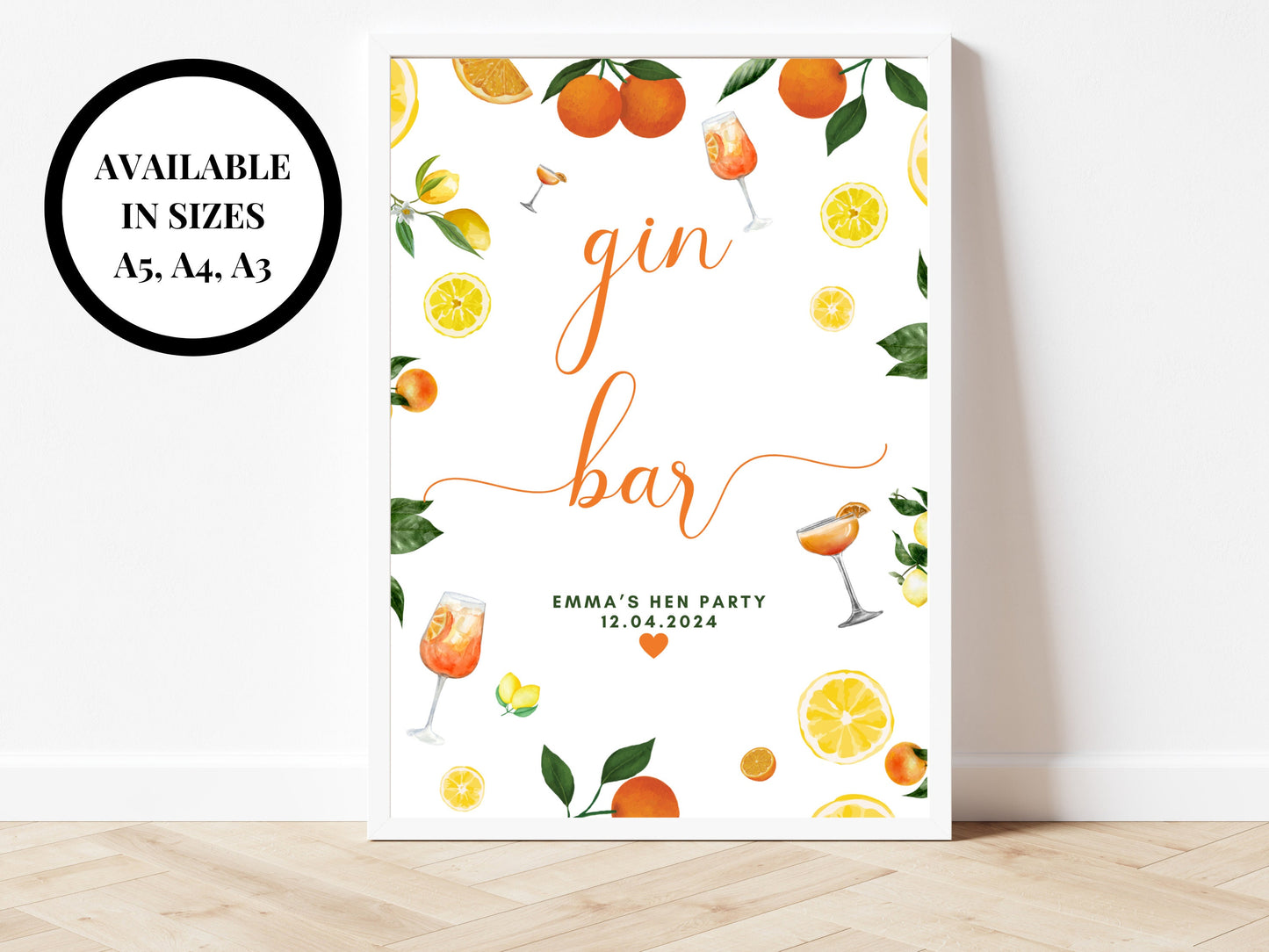 Gin Bar Sign/ Citrus Spritz Alcohol Drinks Spring Summer Lemons Oranges Mediterranean Theme/ Italian Style Wedding Reception Welcome