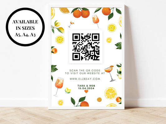 Wedding QR Code Sign/ Citrus Spritz Spring Summer Lemons Oranges Mediterranean Wedding Website QR Sign Link/ Italian Style Celebration