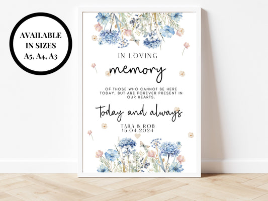 In Loving Memory of Those Who Cannot Be Here Today But Are Forever in Our Hearts Today and Always Sign/ Blue Theme Wedding Reception Poster