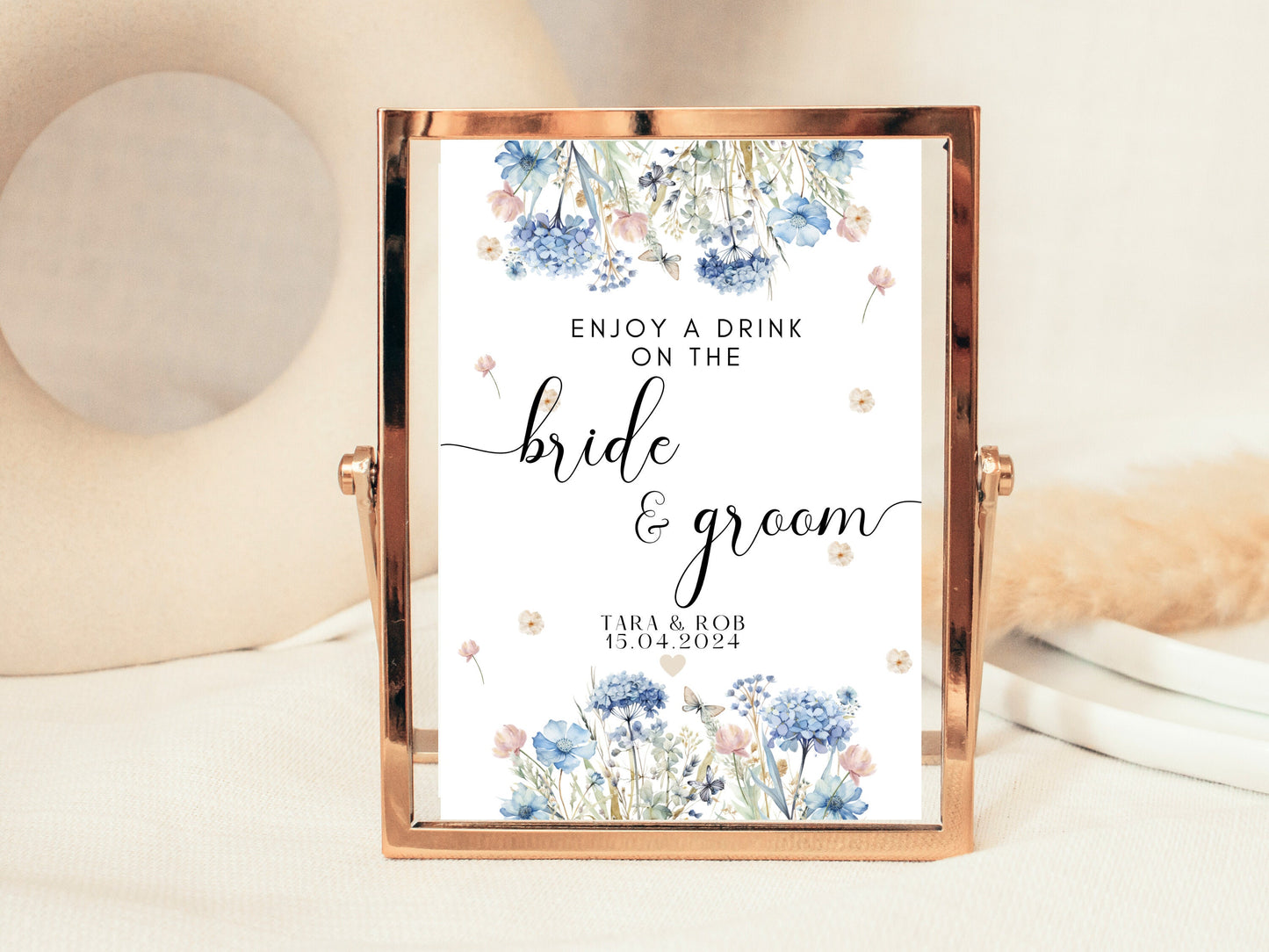 Enjoy a Drink on the Bride and Groom Sign/ Blue Theme Wedding Reception Party Poster/ Wedding Guest Poster/ Free Drink Alcohol Bar Sign