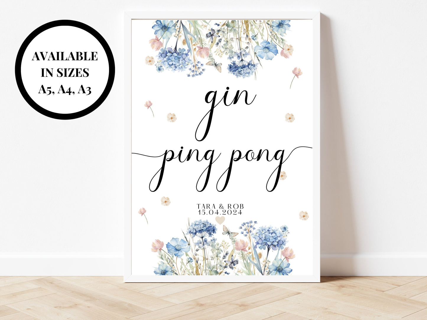 Gin Ping Pong Sign/ Personalised Blue Theme Wedding Reception Alcohol Cocktails Mocktails/ Hen Party/ Bridal Shower/ Bachelorette