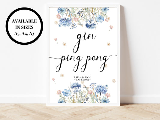 Gin Ping Pong Sign/ Personalised Blue Theme Wedding Reception Alcohol Cocktails Mocktails/ Hen Party/ Bridal Shower/ Bachelorette