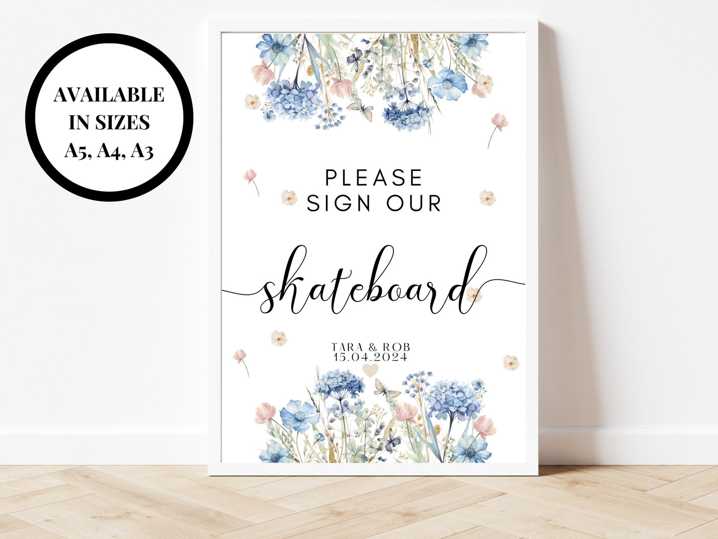 Please Sign Our Skateboard Sign/ Blue Theme Wedding Reception Poster/ Novelty Keepsake Venue Poster/ Floral Pastel Neutral