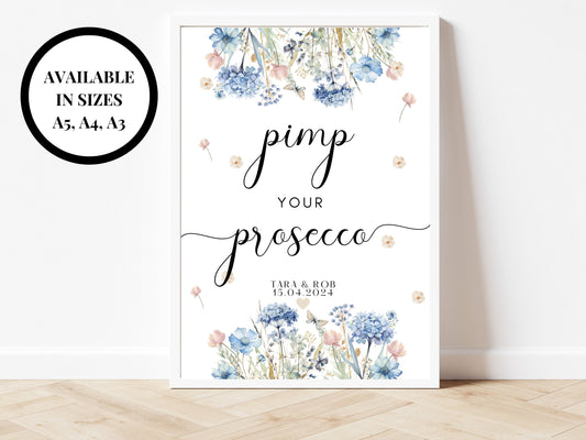 Pimp Your Prosecco Sign/ Personalised Blue Theme Wedding Reception Bar Alcohol Cocktails Mocktails/ Hen Party/ Bridal Shower/ Bachelorette