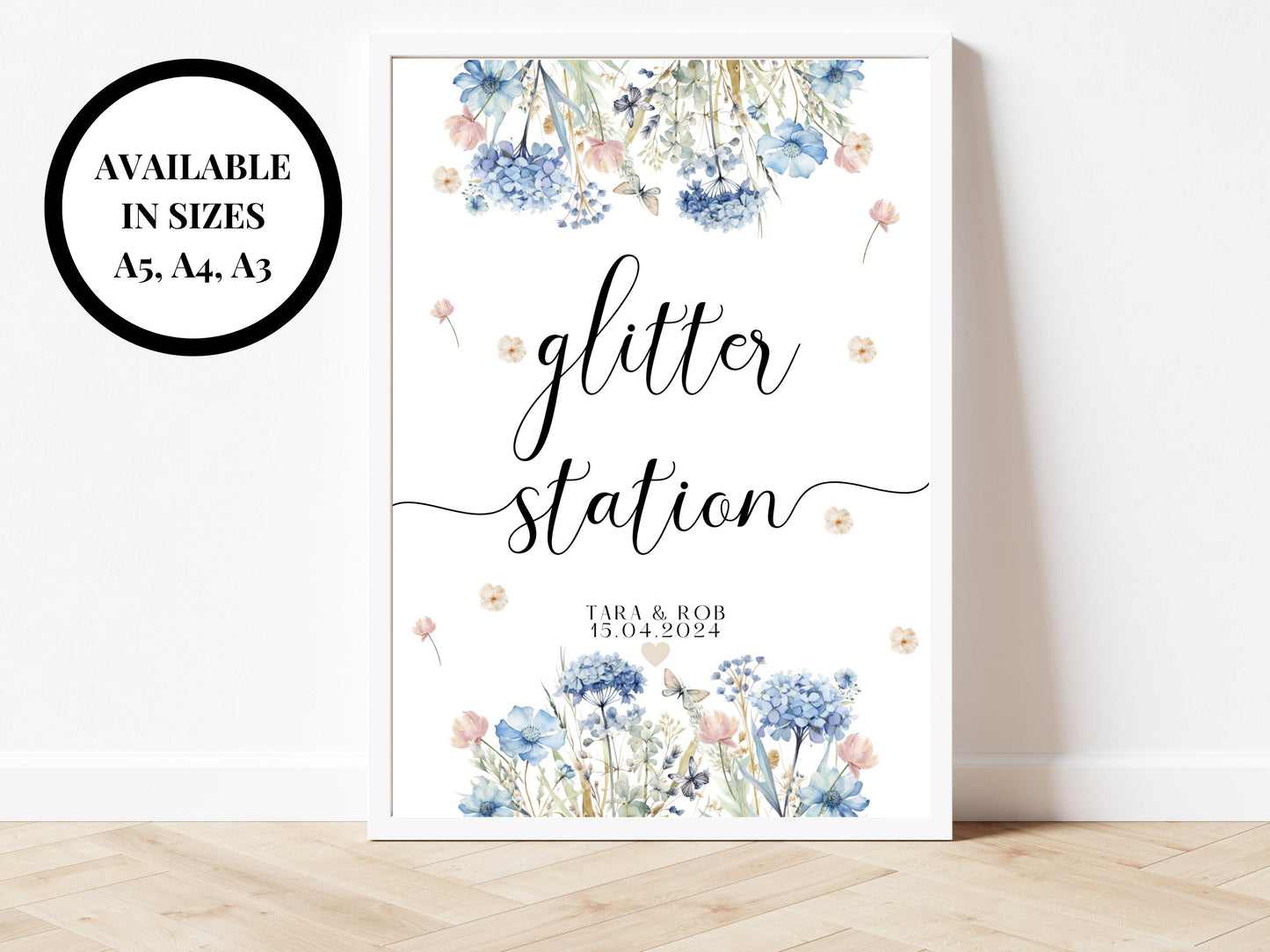 Glitter Station Sign/ Personalised Blue Theme Wedding Reception Venue Decor/ Hen Party/ Bridal Shower/ Bachelorette/ Photo Booth Sign