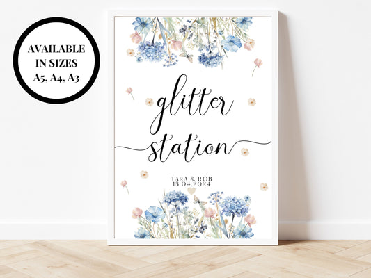 Glitter Station Sign/ Personalised Blue Theme Wedding Reception Venue Decor/ Hen Party/ Bridal Shower/ Bachelorette/ Photo Booth Sign