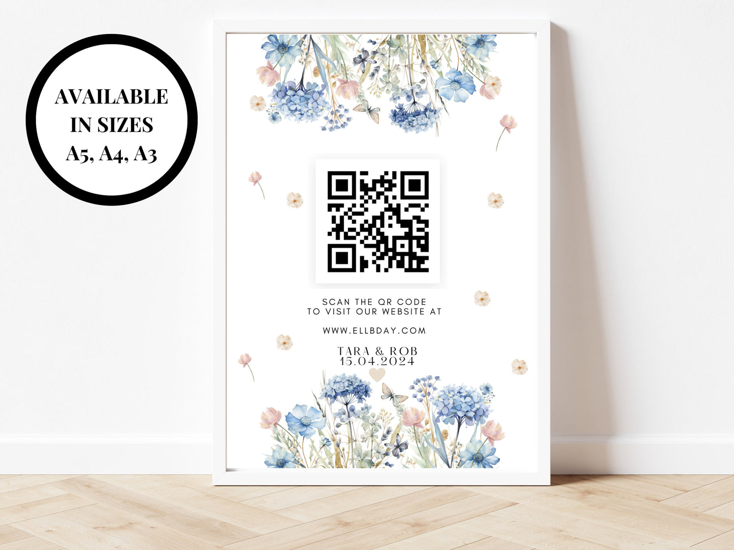 QR Code Sign/ Personalised Blue Theme Wedding Website Link Code Reception Venue Decor/ Hen Party/ Bridal Shower/ Bachelorette QR Code Party