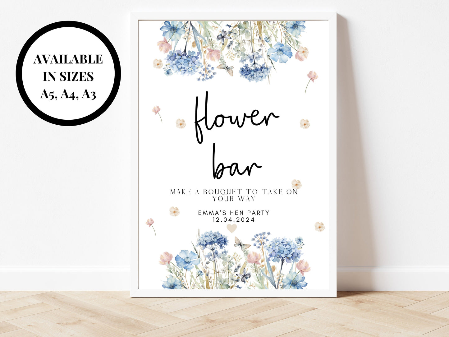 Flower Bar Sign/ Personalised Blue Theme Wedding Reception Guest Favour Activity Poster/ Hen Party Floral/ Bridal Shower/ Bachelorette