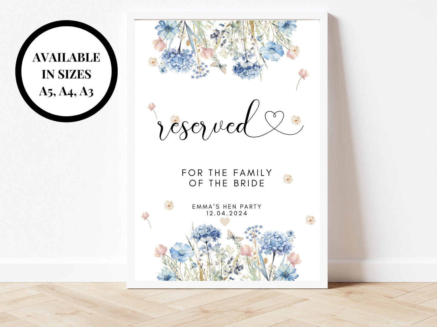 Reserved for the Family of the Bride/ Blue Theme Wedding Reception Venue Seating Poster/ Floral Pastel Seating Chart Sign