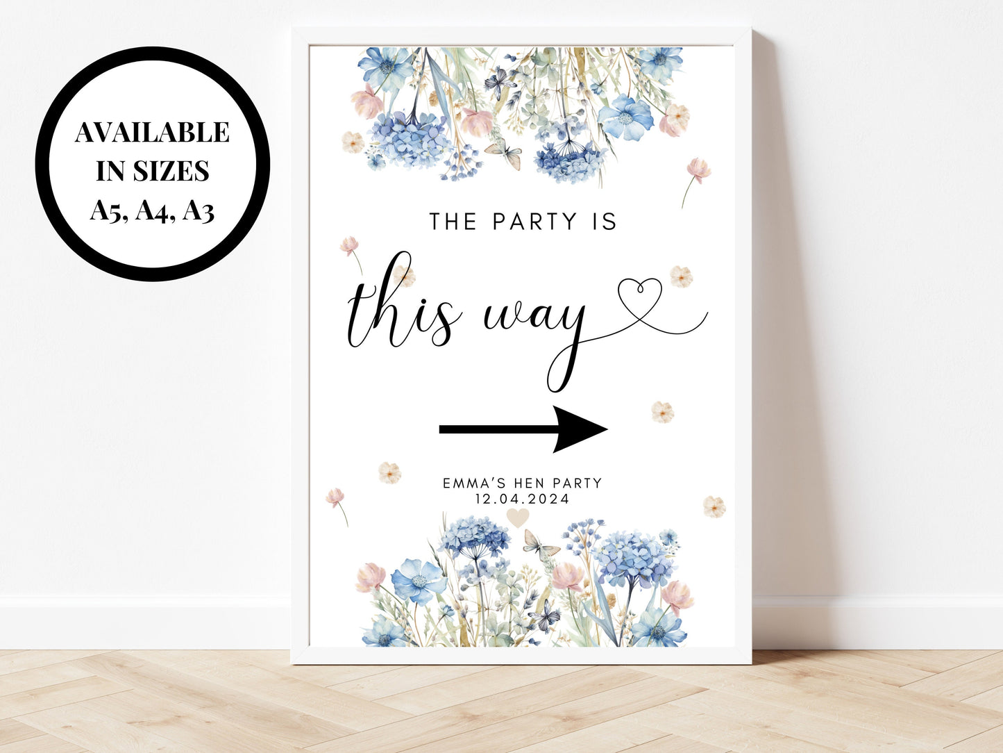 The Party is This Way Poster/ Hen Party Welcome Sign/ Personalised Blue Theme Bridal Shower Venue Decor/ Bachelorette Party Welcome Sign