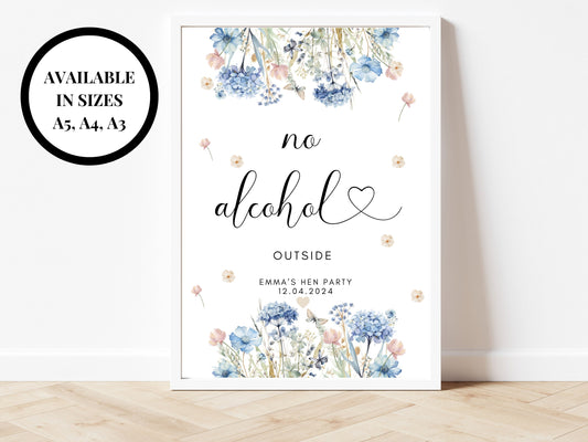 No Alcohol Outside Sign/ Personalised Blue Theme Wedding Venue Reception Poster/ Hen Party/ Bridal Shower/ Bachelorette/ Stag Party Do