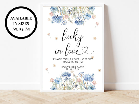 Lucky in Love Place Your Love Lottery Tickets Here Sign/ Hen Party/ Personalised Blue Theme Bridal Shower Venue Decor/ Welcome Sign