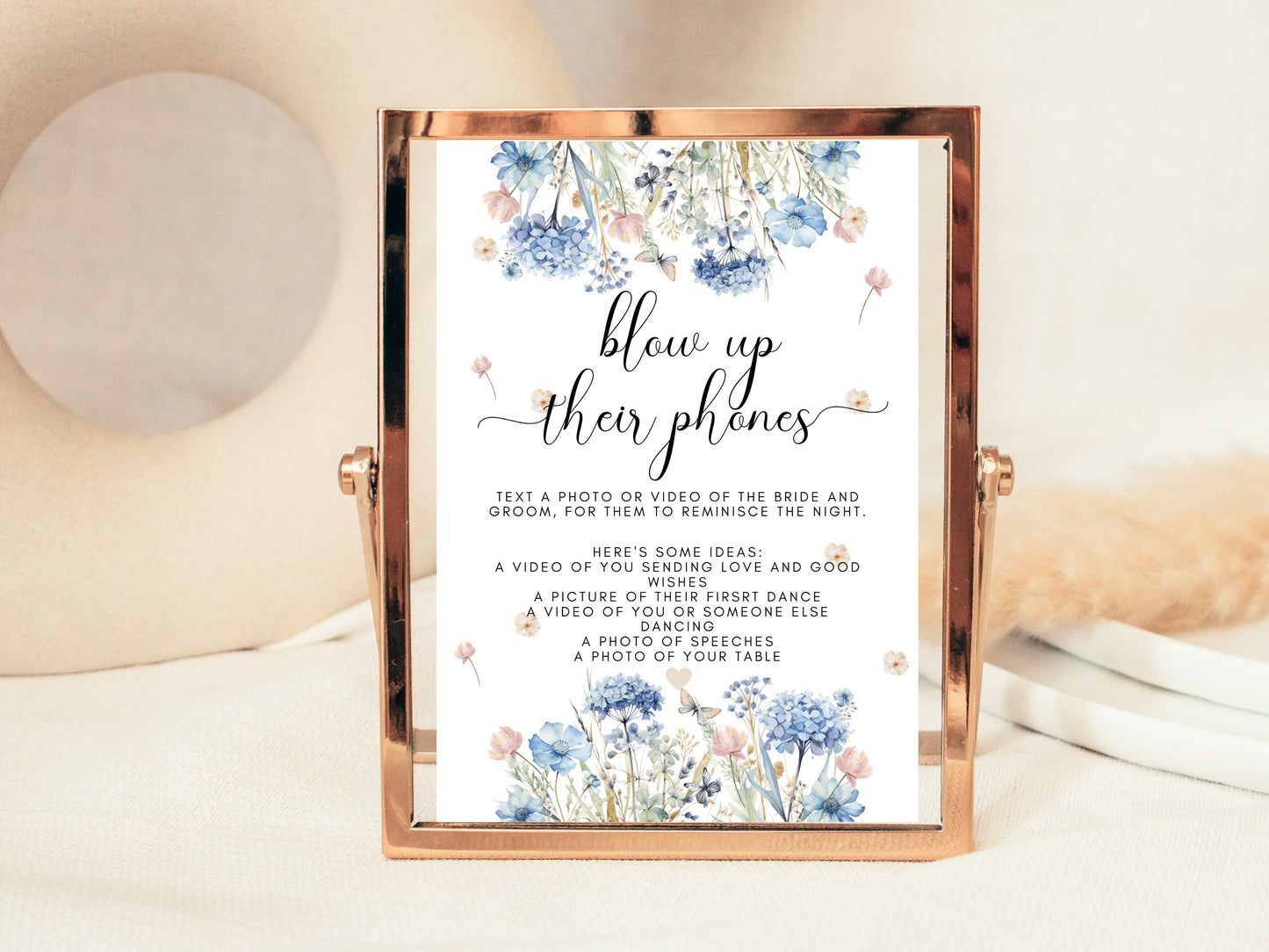 Blow Up Their Phones Sign/ Text and Photo of the Bride and Groom for them to Reminisce the Night/ Blue Theme Wedding Reception Newlyweds