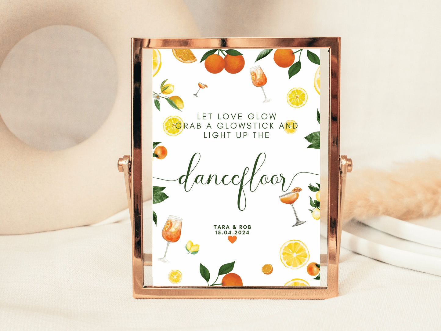 Let Love Glow Grab a Glowstick and Light Up the Dancefloor Sign/ Spring Summer Lemons Oranges Mediterranean/ Italian Style Wedding Reception