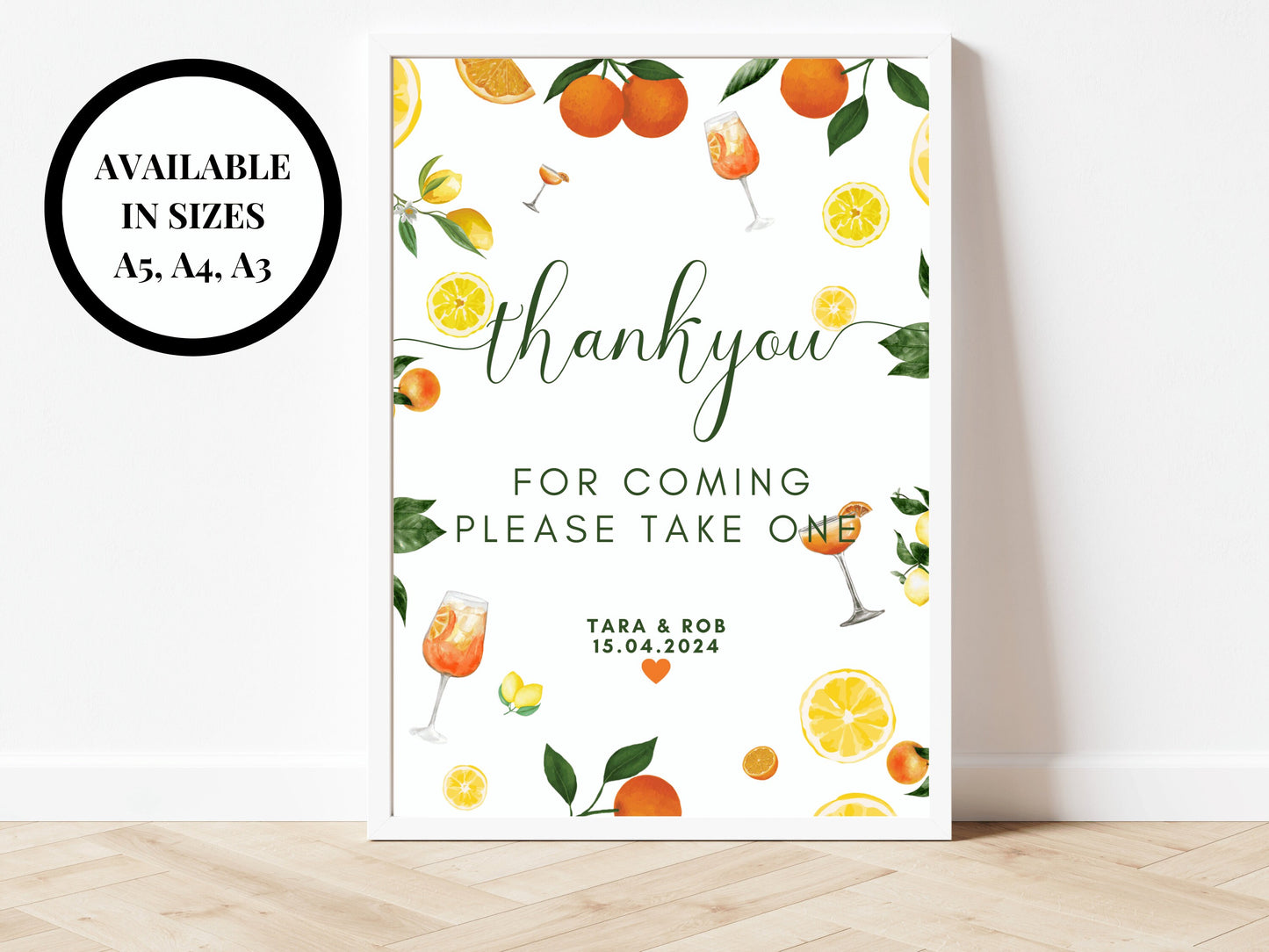 Thank You for Coming Please Take One Sign/ Wedding Reception Guest Favours/ Spring Summer Lemons Oranges Mediterranean/ Italian Style Print