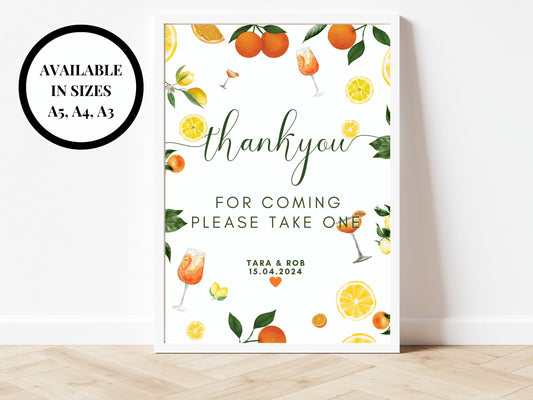 Thank You for Coming Please Take One Sign/ Wedding Reception Guest Favours/ Spring Summer Lemons Oranges Mediterranean/ Italian Style Print