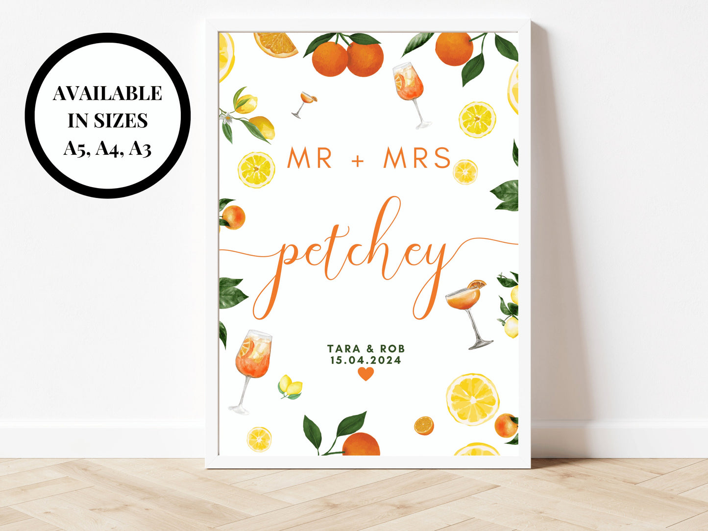 Surname Sign/ Wedding Reception Mr and Mrs Poster/ Newly Married Couple Spring Summer Lemons Oranges Mediterranean/ Italian Style Print