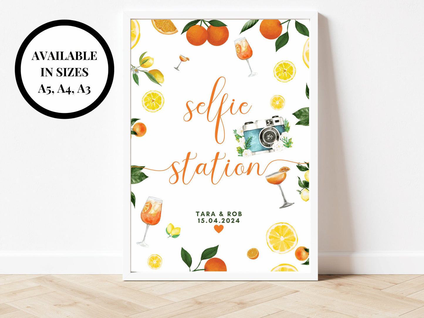 Selfie Station Print/ Take a Pic Stick It In and Sign/ Photography Selfie Wedding Reception Poster/ Oranges Mediterranean/ Italian Style