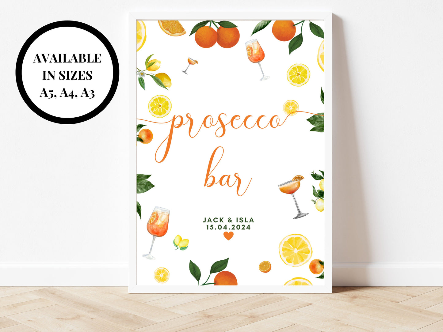 Prosecco Bar Sign/ Citrus Spritz Alcohol Drinks Spring Summer Lemons Oranges Mediterranean Theme/ Italian Style Wedding Reception Welcome