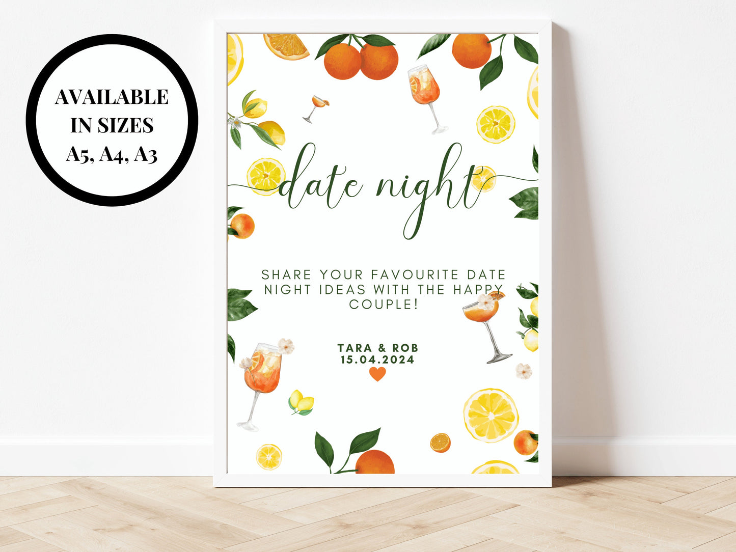 Date Night Suggestion Sign/ Share Your Favourite Date Night Ideas With the Happy Couple/ Mediterranean/Italian Style Wedding Reception Decor