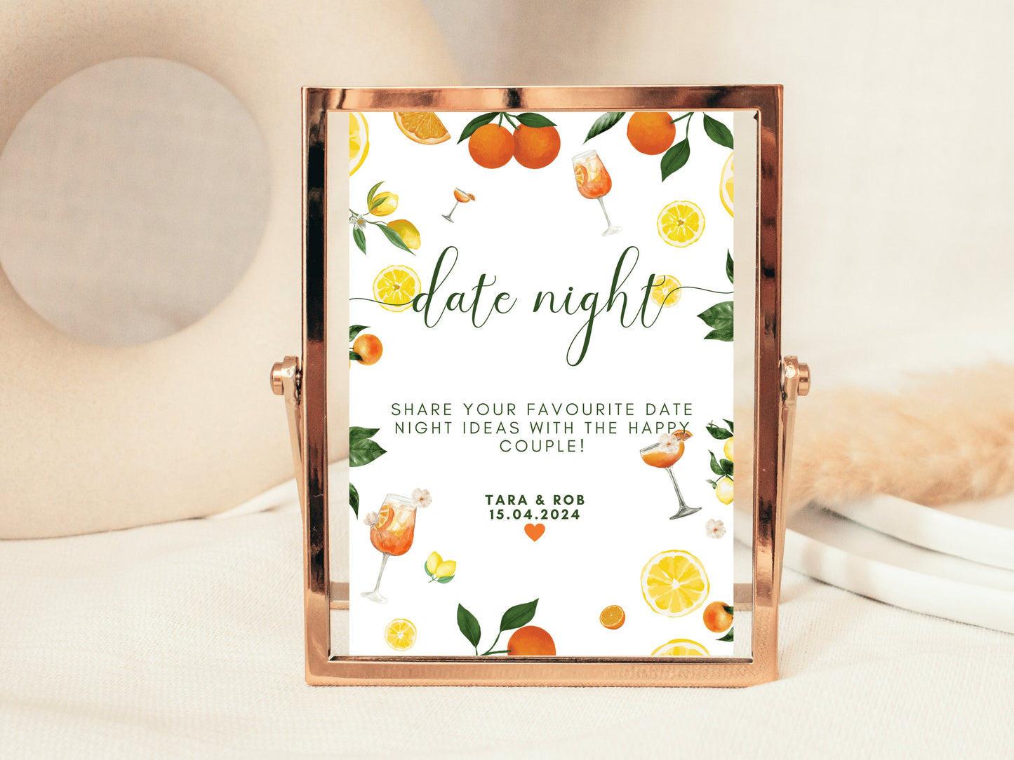 Date Night Suggestion Sign/ Share Your Favourite Date Night Ideas With the Happy Couple/ Mediterranean/Italian Style Wedding Reception Decor