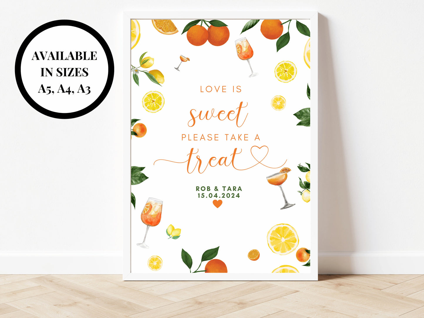 Love Is Sweet Please Take a Treat Sign/ Wedding Reception Guest Favours Poster/ Oranges Lemons Summer Mediterranean Print/ Italian Style