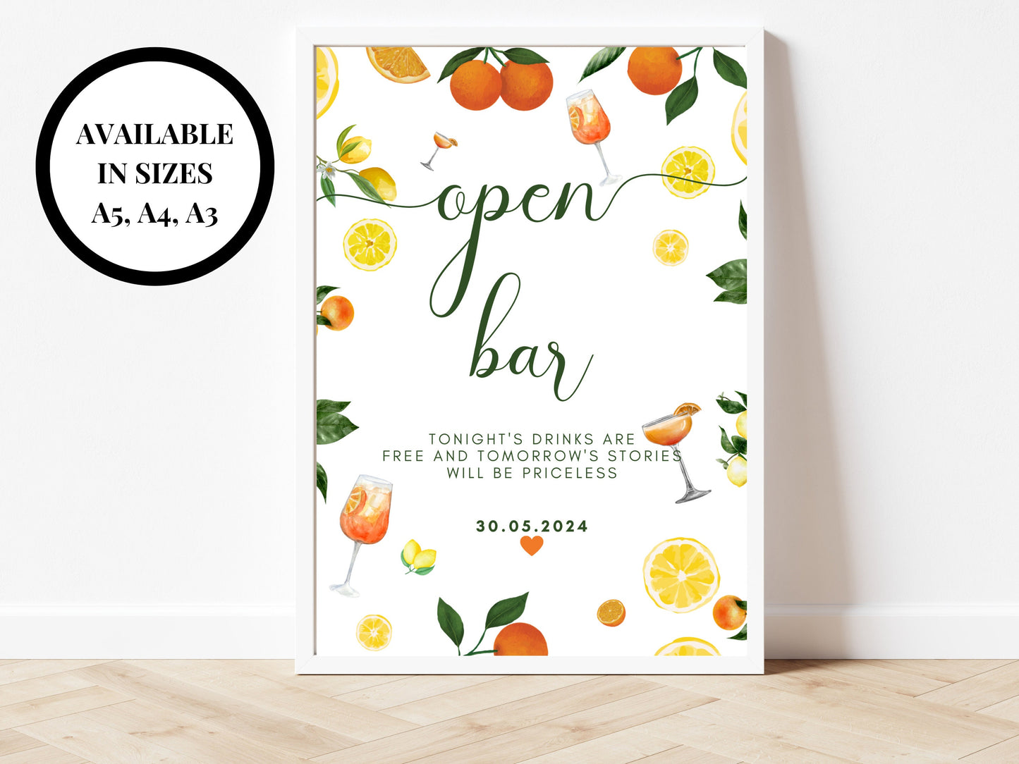 Open Bar Sign/ Citrus Spritz Alcohol Drinks Spring Summer Lemons Oranges Mediterranean Theme/ Italian Style Wedding Reception Welcome