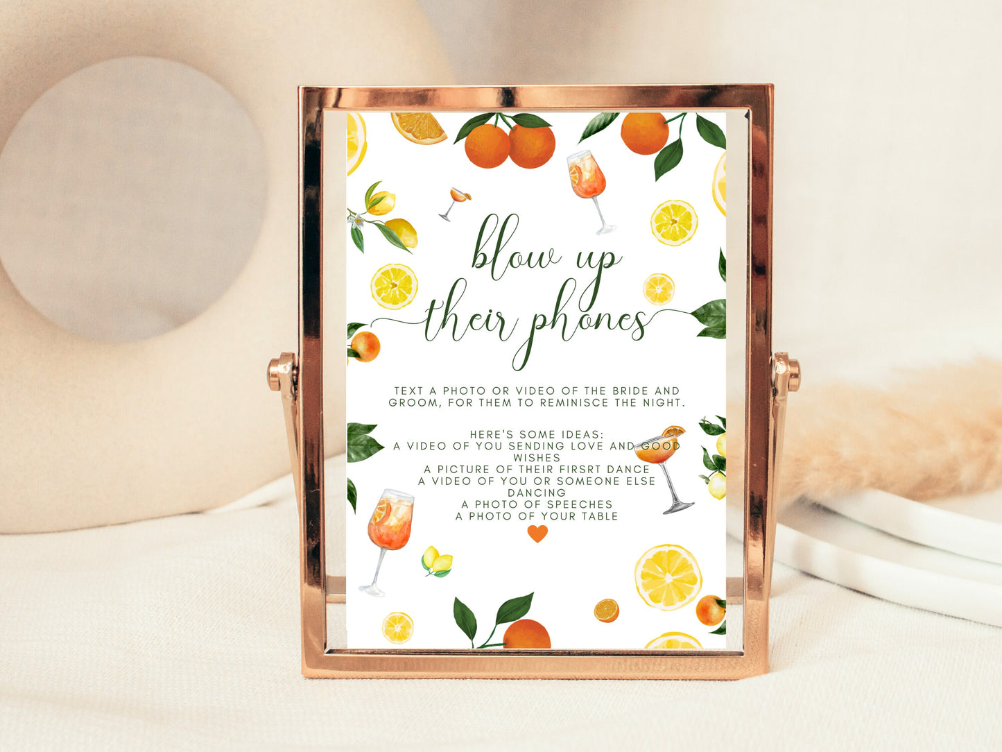 Blow Up Their Phones Sign/ Spring Summer Lemons Oranges Mediterranean/ Italian Style Wedding Reception/ Text a Photo of the Bride and Groom