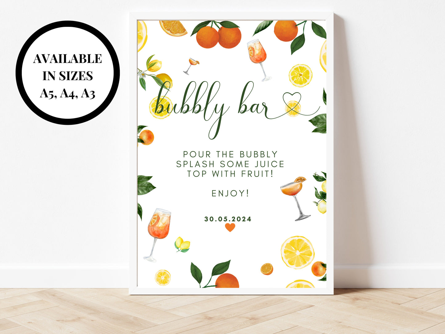 Bubbly Bar Sign/ Spring Summer Lemons Oranges Mediterranean/ Italian Style Wedding/ Pour the Bubbly Splash Some Juice Top With Fruit Sign