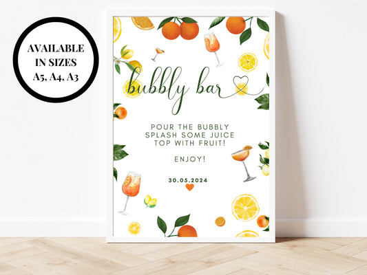 Bubbly Bar Sign/ Spring Summer Lemons Oranges Mediterranean/ Italian Style Wedding/ Pour the Bubbly Splash Some Juice Top With Fruit Sign