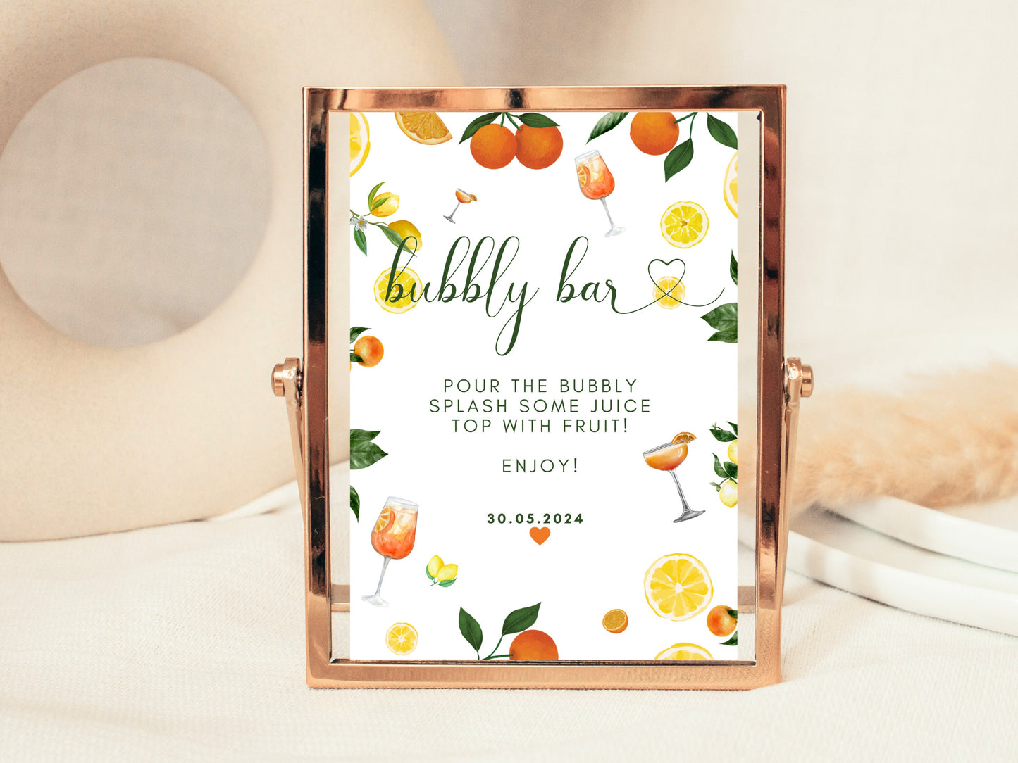 Bubbly Bar Sign/ Spring Summer Lemons Oranges Mediterranean/ Italian Style Wedding/ Pour the Bubbly Splash Some Juice Top With Fruit Sign