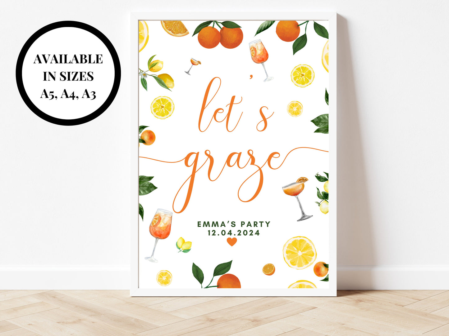 Lets Graze Sign/ Spring Summer Lemons Oranges Mediterranean/ Italian Style Wedding/ Food Snacks Cheeseboard Finger Food Evening Buffet Sign