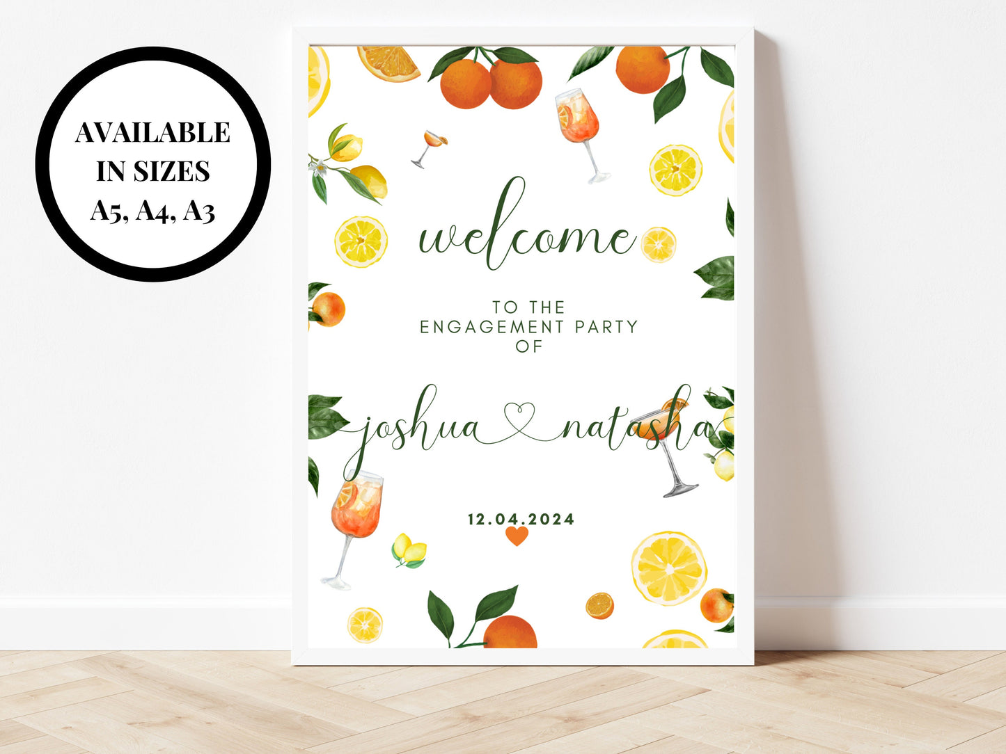 Welcome to the Engagement Party Sign/ Spring Summer Lemons Oranges Mediterranean/ Italian Style Newly Engaged Couple Party Poster Print Sign