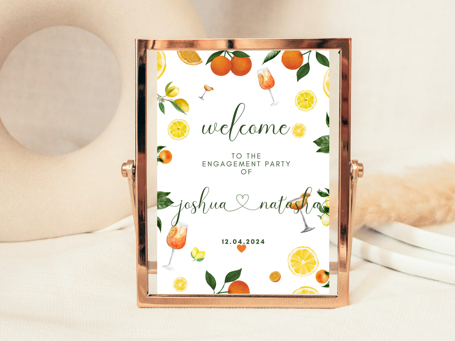 Welcome to the Engagement Party Sign/ Spring Summer Lemons Oranges Mediterranean/ Italian Style Newly Engaged Couple Party Poster Print Sign