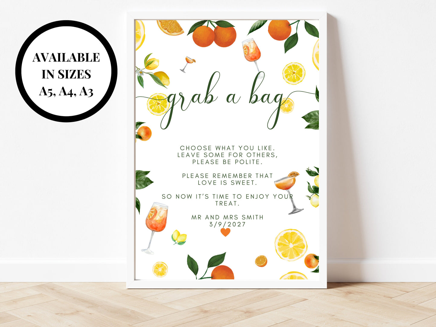 Grab a Bag Sign/ Spring Summer Lemons Oranges Mediterranean/ Italian Style Wedding Guest Favours/ Enjoy a Treat Poster/ Sweets Mints