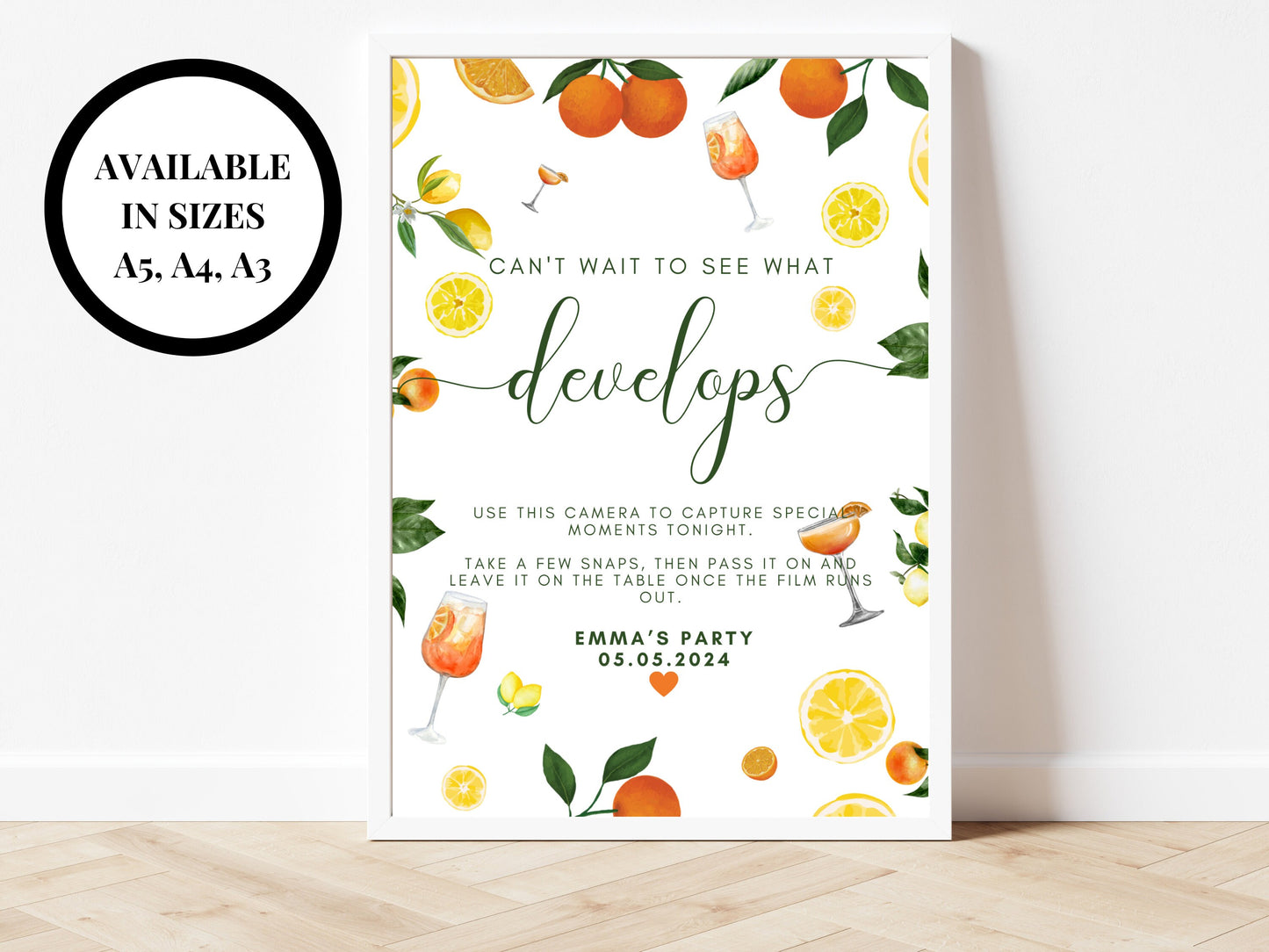 Cant Wait to See What Develops Sign/ Photography Selfie Spring Summer Lemons Oranges Mediterranean/ Italian Style Wedding Reception Print