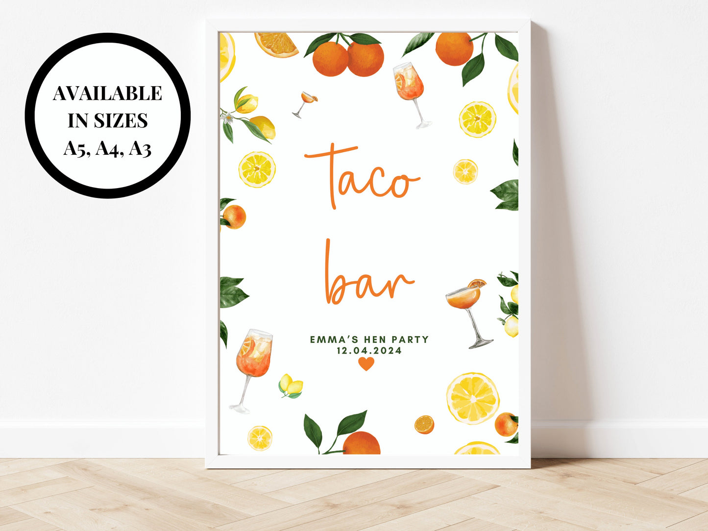 Taco Bar Sign/ Spring Summer Lemons Oranges Mediterranean/ Italian Style Wedding/ Food Snacks Cheeseboard Finger Food Evening Buffet Sign