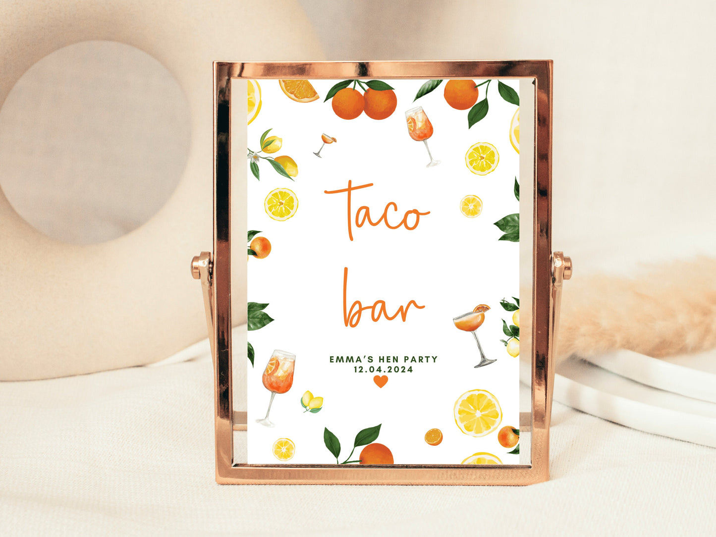 Taco Bar Sign/ Spring Summer Lemons Oranges Mediterranean/ Italian Style Wedding/ Food Snacks Cheeseboard Finger Food Evening Buffet Sign