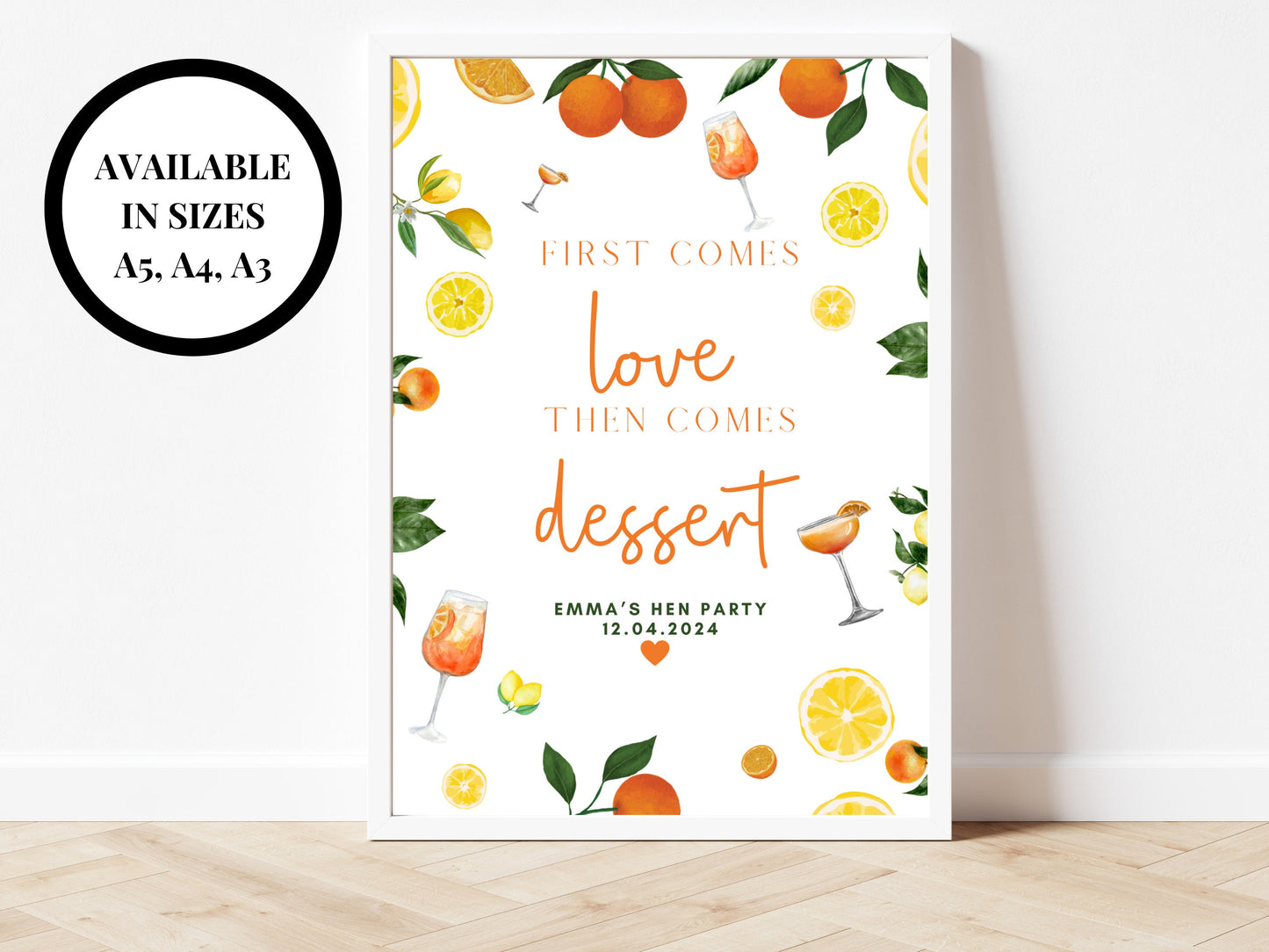 First Comes Love then Comes Dessert Sign/ Spring Summer Lemons Oranges Mediterranean/ Italian Style Wedding/ Food Snacks Evening Buffet