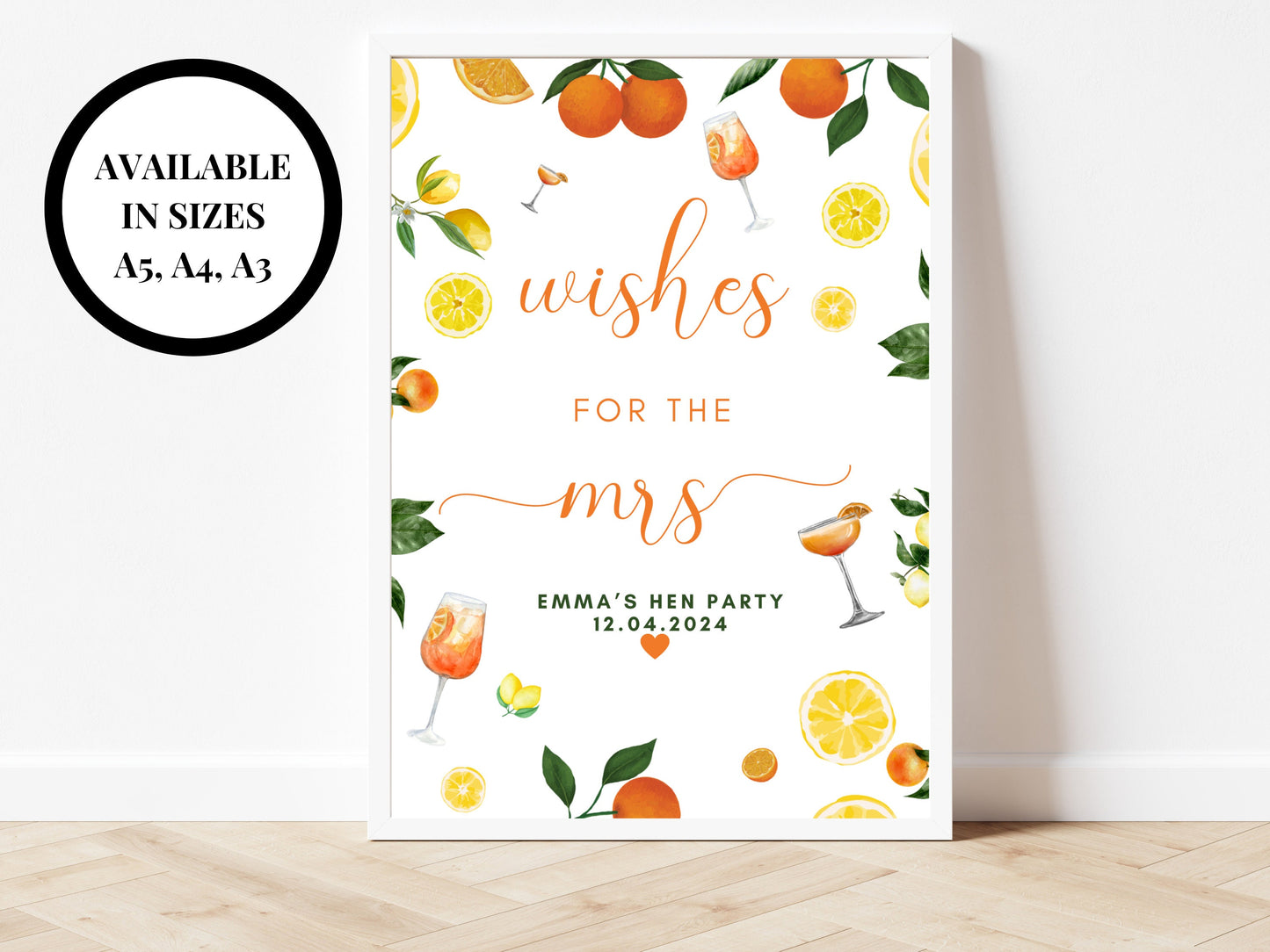 Wishes for the Mrs Sign/ Citrus Spring Summer Lemons Oranges Mediterranean Theme/ Italian Style/ Hen Party/ Bridal Shower/ Bachelorette Sign