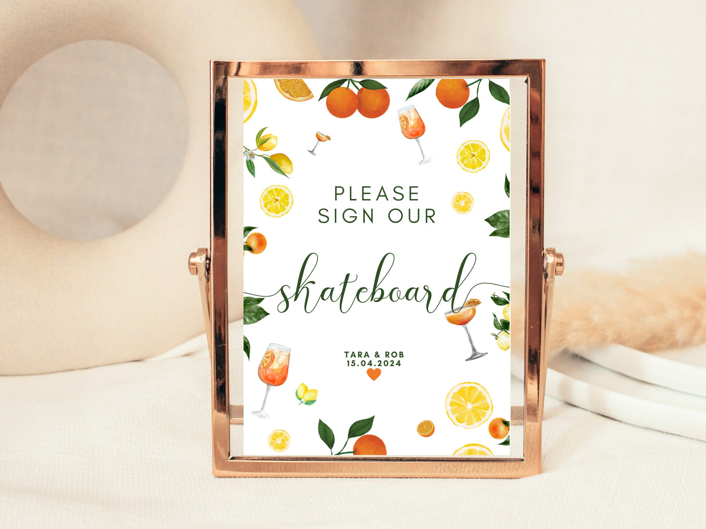 Please Sign Our Skateboard Poster/ Spring Summer Lemons Oranges Mediterranean/ Italian Style Wedding Reception Venue Novelty Keepsake Sign