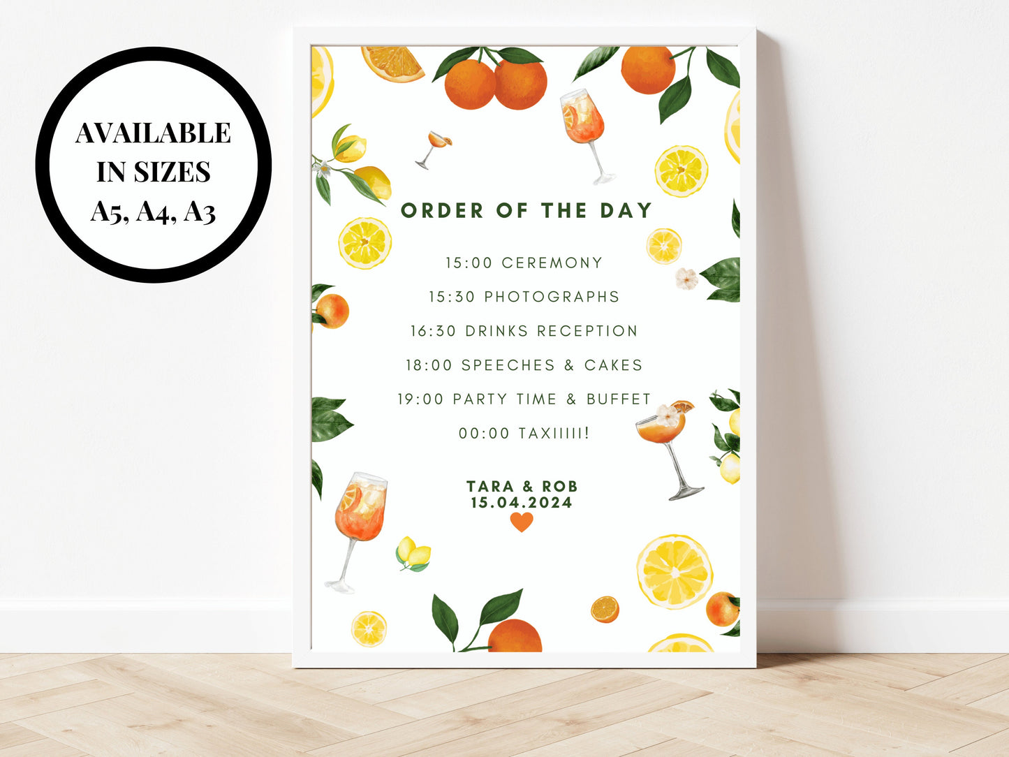 Order of the Day Sign/ Wedding Reception Itinerary Poster/ Citrus Spring Summer Lemons Oranges Mediterranean/ Italian Style Venue Print