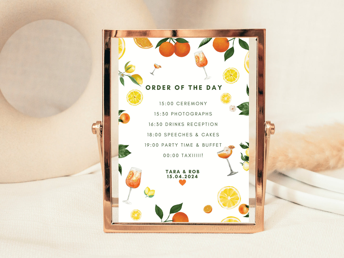 Order of the Day Sign/ Wedding Reception Itinerary Poster/ Citrus Spring Summer Lemons Oranges Mediterranean/ Italian Style Venue Print