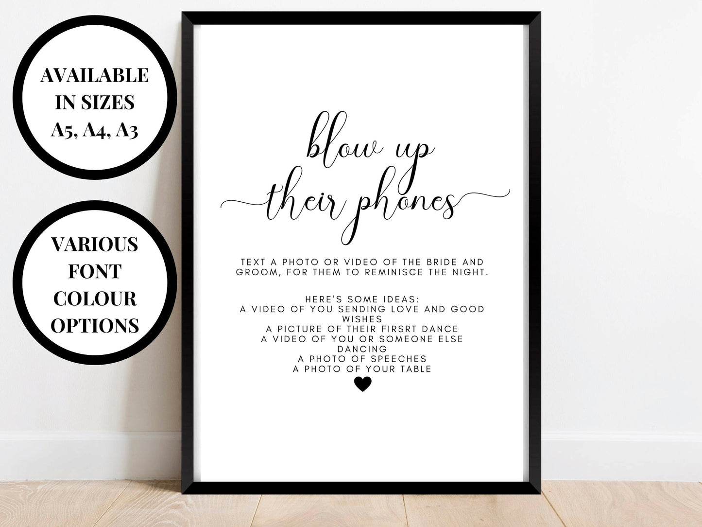 Blow Up Their Phones Sign/ 24 Text Colour Options/ Match Your Party Scheme/ Text a Photo of the Bride and Groom to Remember the Night