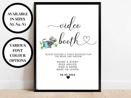 Video Booth Sign/ 24 Text Colour Options/ Match Your Party Scheme/ Please Record a Video Message of the Bride and Groom/ Social Media Poster