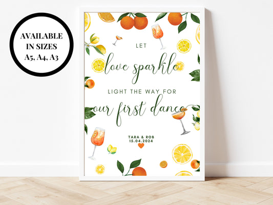 Let Love Sparkle Light the Way for Our First Dance Sign/ Spring Summer Lemons Oranges Mediterranean/ Italian Style Wedding Reception Poster