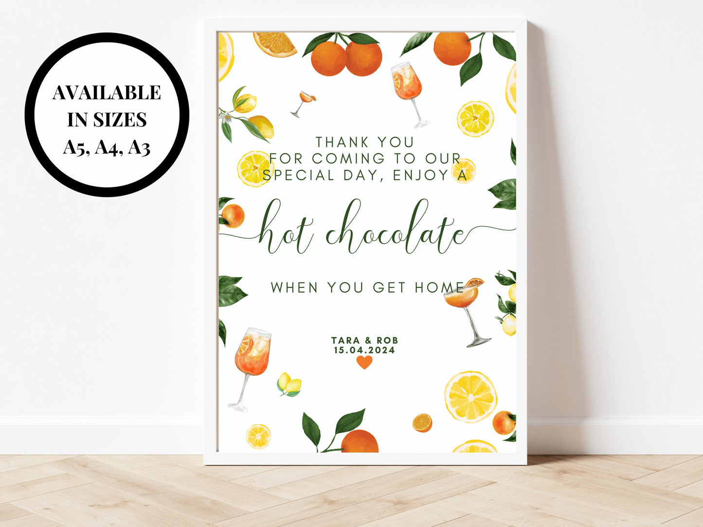 Thank You for Coming to Our Special Day Enjoy a Hot Chocolate When You Get Home Sign/ Mediterranean/ Italian Style Wedding Reception Poster