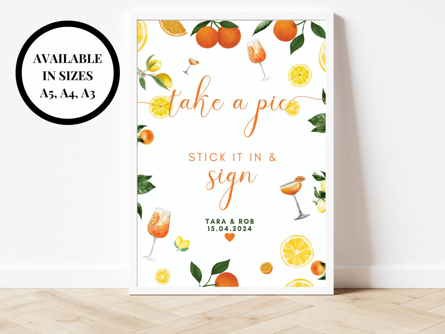 Take a Pic Stick It In and Sign/ Photography Selfie Wedding Reception Poster/ Spring Summer Lemons Oranges Mediterranean/ Italian Style